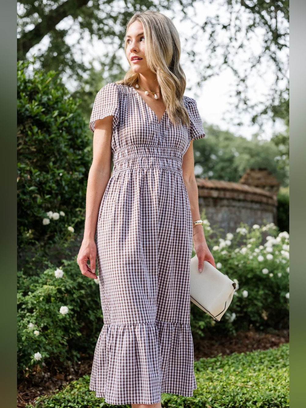 Duffield Lane Brown Gingham Smocked Waist Tiered Midi Dress NWT Size Large